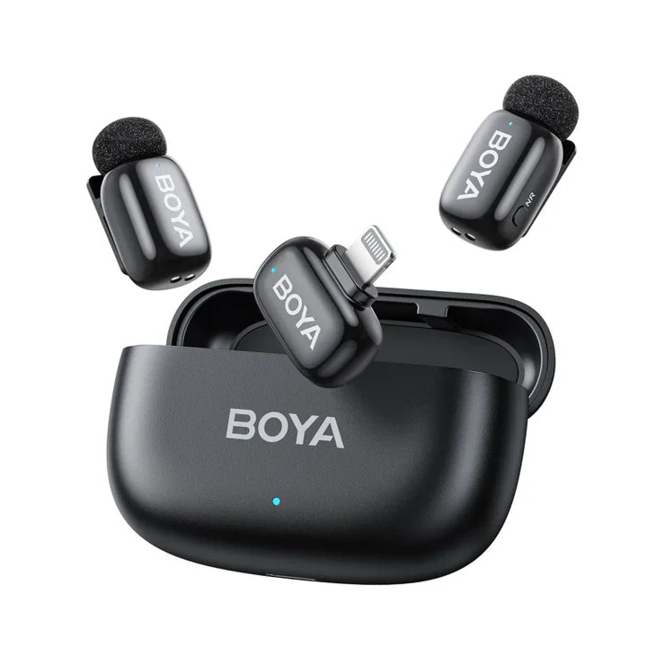 BOYA wireless microphone system with receiver and two microphones on a white background