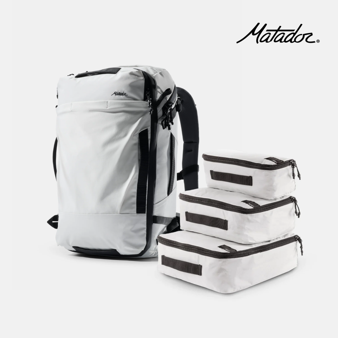 Matador GlobeRider35 and packing cube on a white background