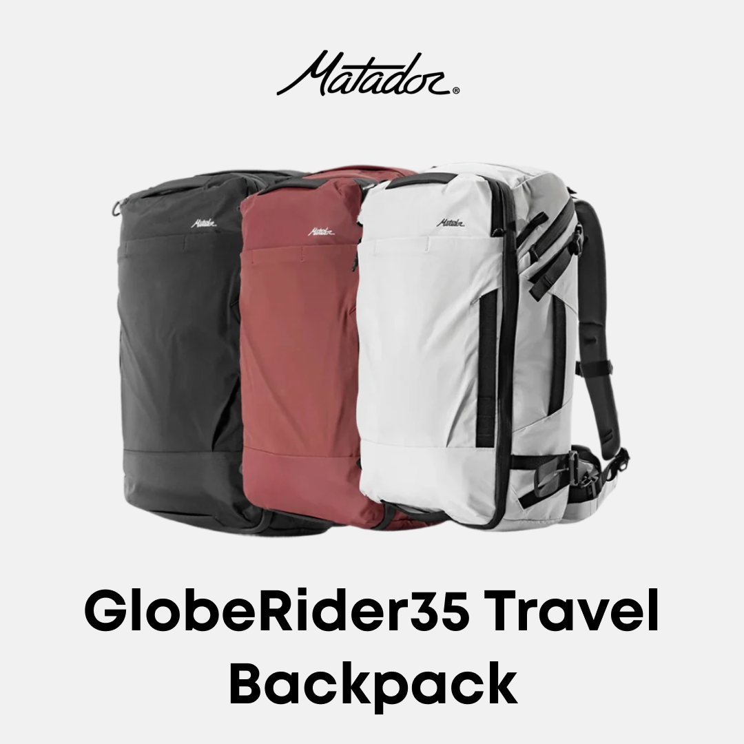Three Matador GlobeRider35 Travel Backpacks in black, red, and gray on a white background.