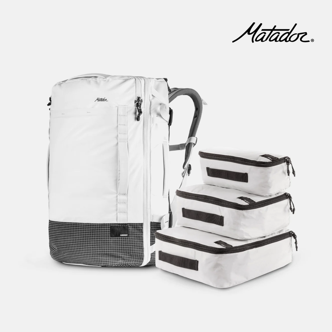White Matador GlobeRider 45 + packing cube on a white background