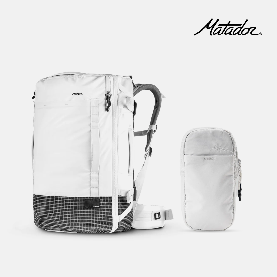 Matador White GlobeRider45 Tavel Backpack and SpeedStash on a white background with matador logo on it.