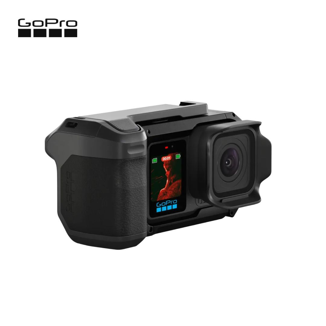 GoPro action camera with screen on a white background