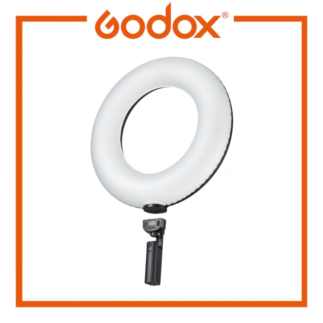 A Godox ring light with a built-in handheld controller, shown against a white background with an orange Godox logo and border.