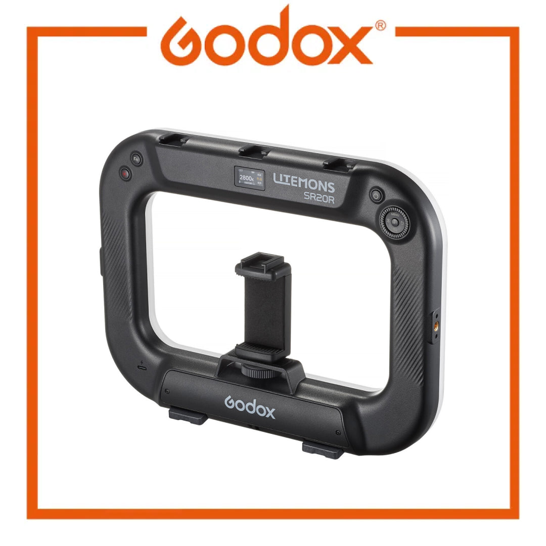 Godox Litemons SR20R portable RGB LED smartphone video rig light with central phone holder.