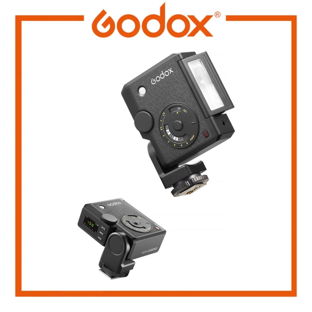 Two Godox speedlights, one in TTL mode with a flash body and one in E-TTL mode with a digital display screen, shown on a white background with an orange Godox logo and border.
