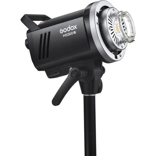 Godox MS300-V Studio Flash Monolight on a stand against a white backround