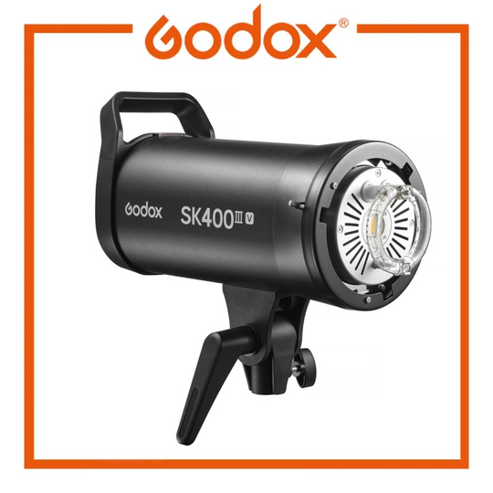 Godox SK400III-V studio flash strobe light featuring built-in 2.4G wireless system and LED modeling lamp.