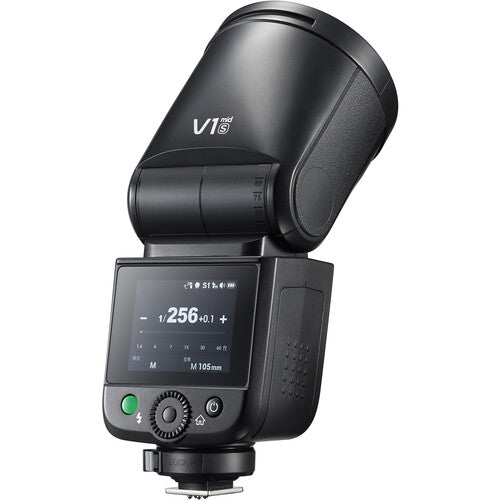 Godox V1 mid camera flash with digital display on a white background