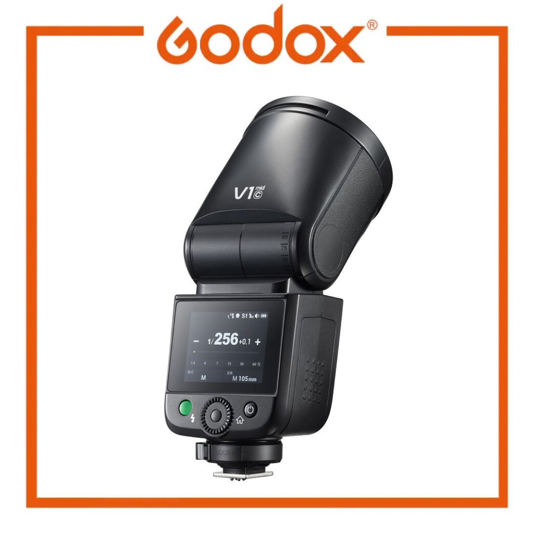 Godox V1mid camera flash with digital display on a white background