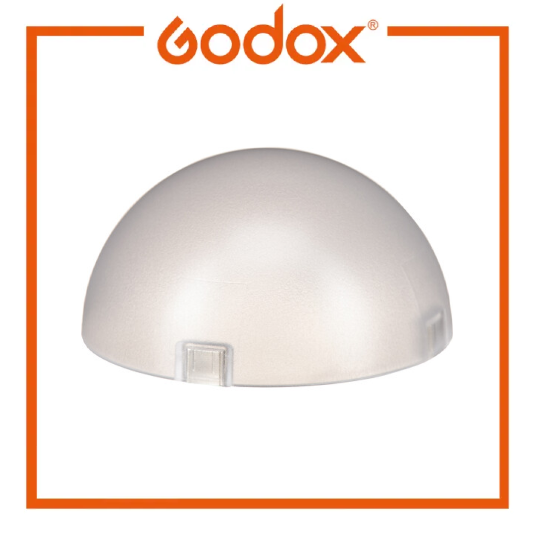 A Godox dome-shaped diffuser or cover, made of semi-translucent white plastic, shown against a white background with an orange Godox logo and border.
