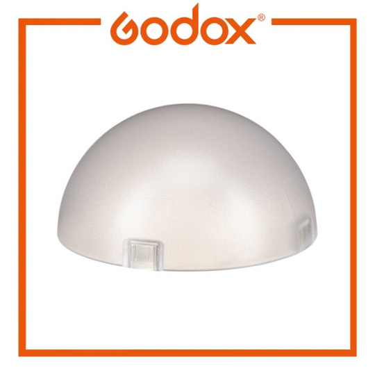 A Godox dome-shaped diffuser or cover, made of semi-translucent white plastic, shown against a white background with an orange Godox logo and border.