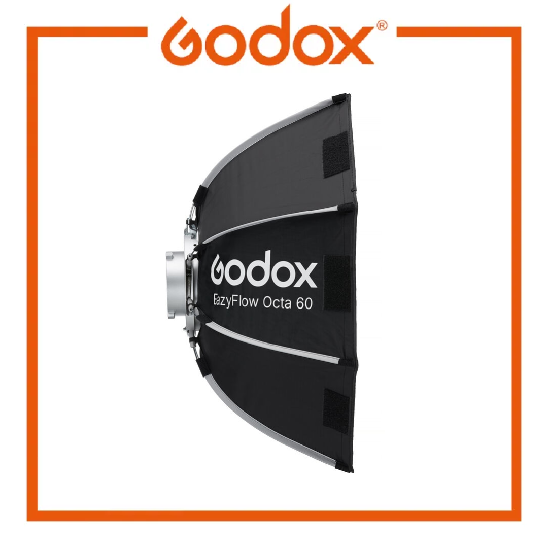 Godox EazyFlow Octa 60 softbox light modifier, shown from a side profile view. The black fabric diffuser features white branding text and is framed by a silver metal rim, set against a white background with an orange Godox logo and border.
