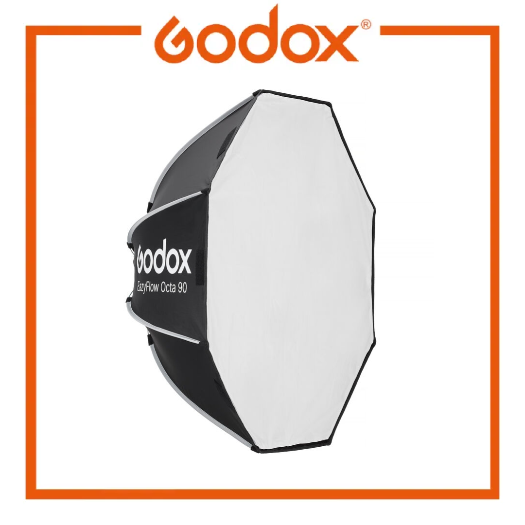 Godox EasyFlow Octa 90 octagonal softbox studio light with a white diffuser panel and black frame, shown on a white background with an orange Godox logo and border.