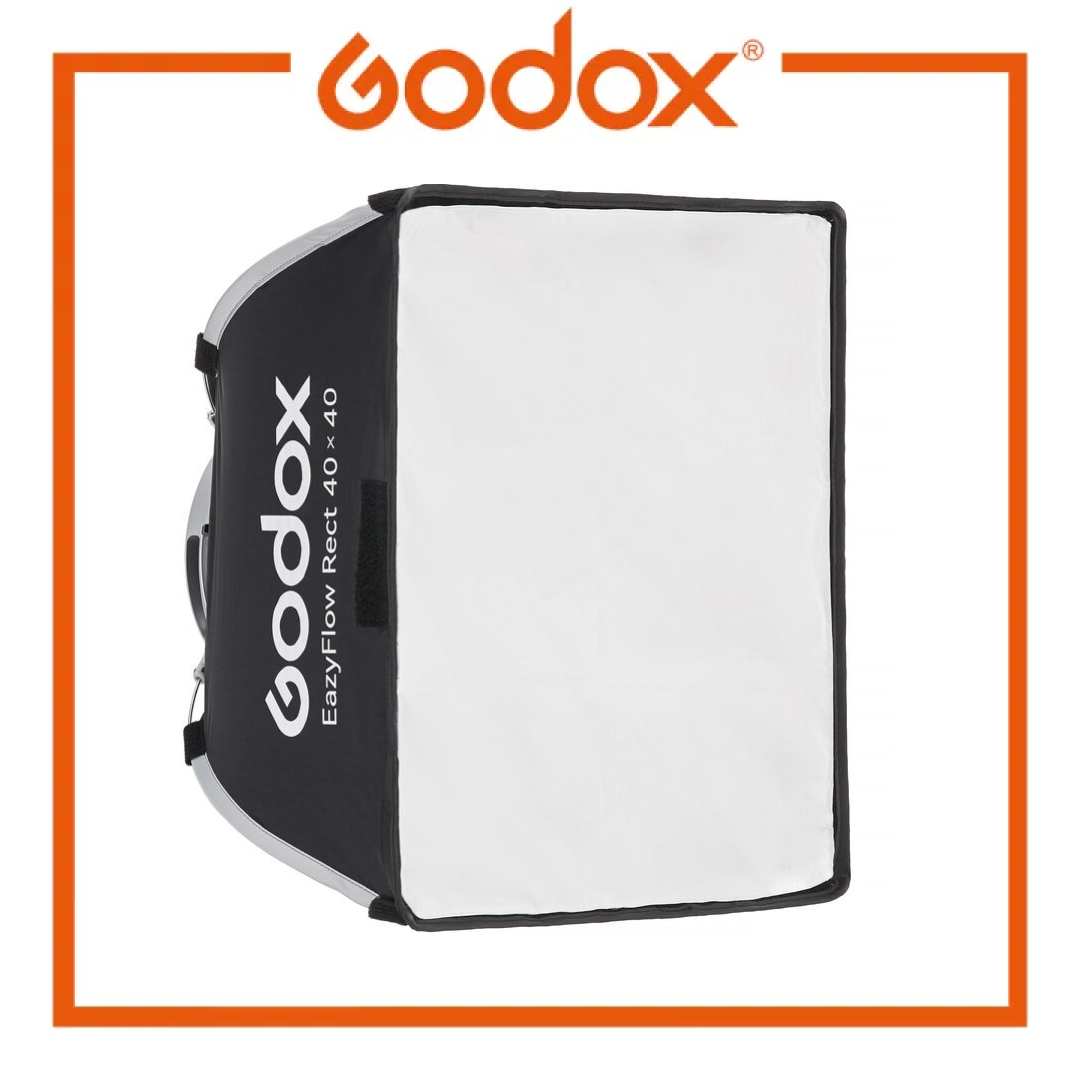 Godox EasyFlow Rect 40x40 softbox light modifier with a white front panel and black side panels, shown on a white background with an orange Godox logo and border.