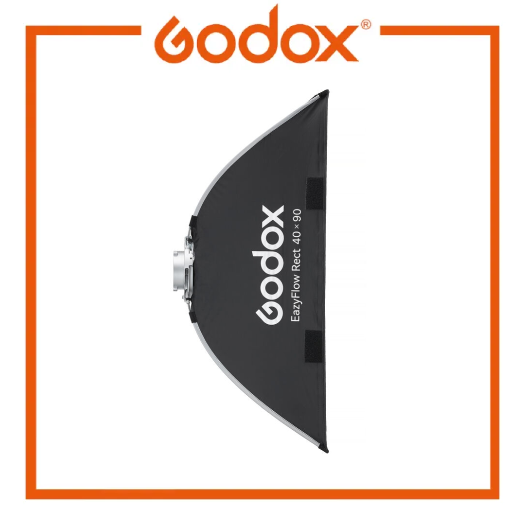 Godox EasyFlow Rect 40x90 softbox light modifier in black with white branding, shown on a white background with an orange Godox logo and border.
