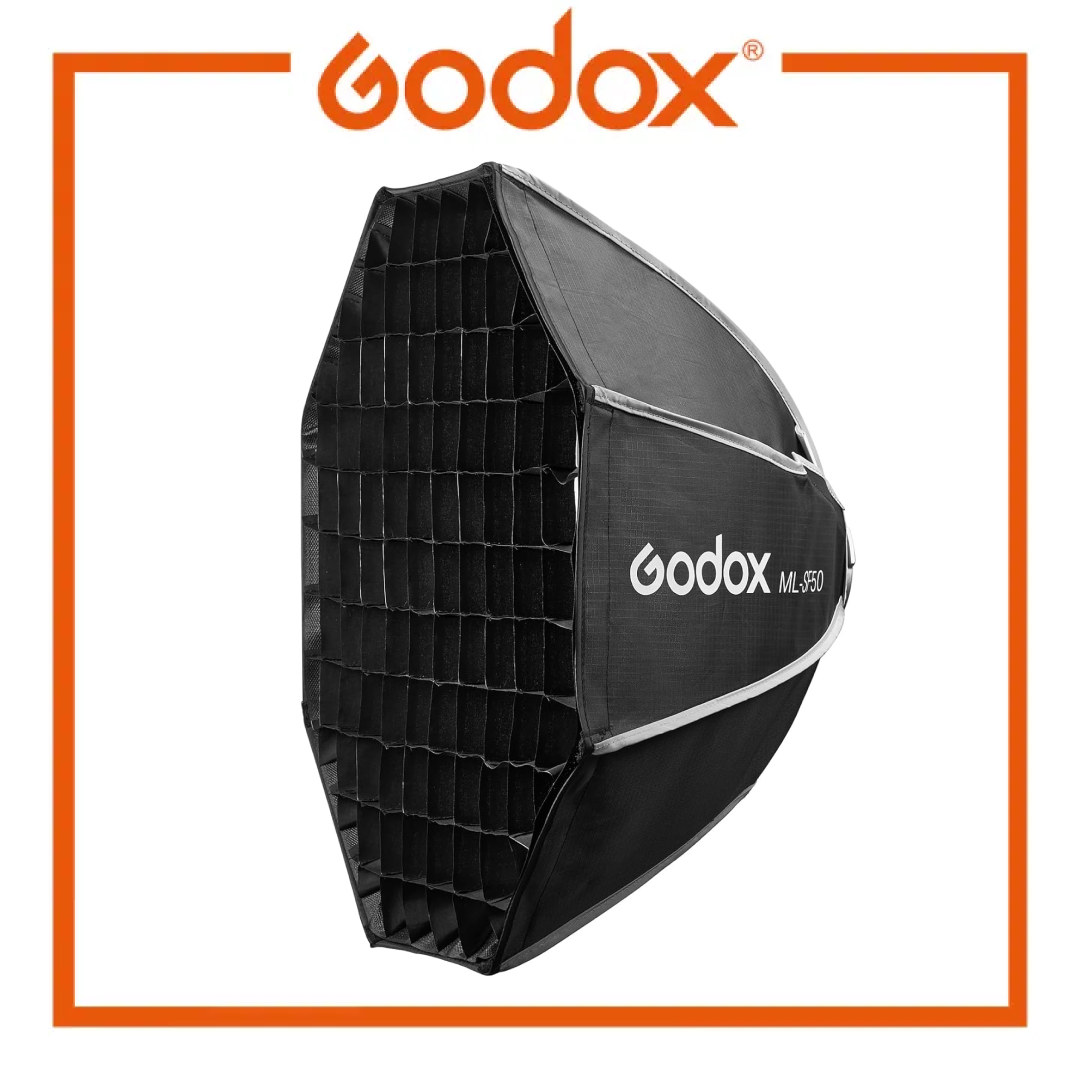 Godox ML-J50 softbox studio light modifier, black with white logo text, shown on a white background with an orange Godox brand border.