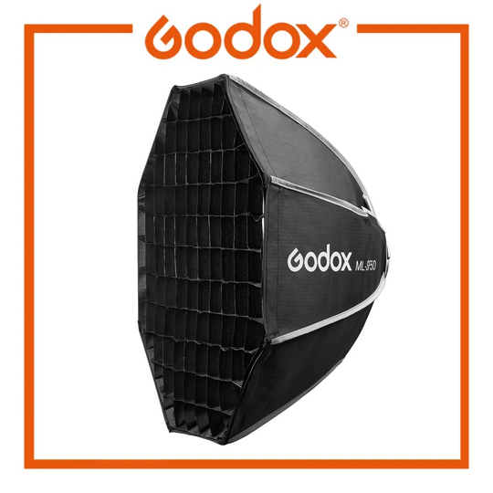 Godox ML-J50 softbox studio light modifier, black with white logo text, shown on a white background with an orange Godox brand border.