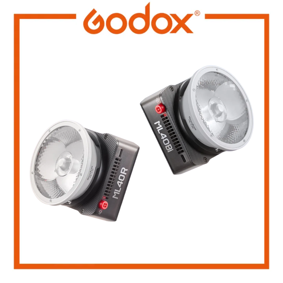 Two Godox ML40R studio lights on a white background with 'Godox' branding.