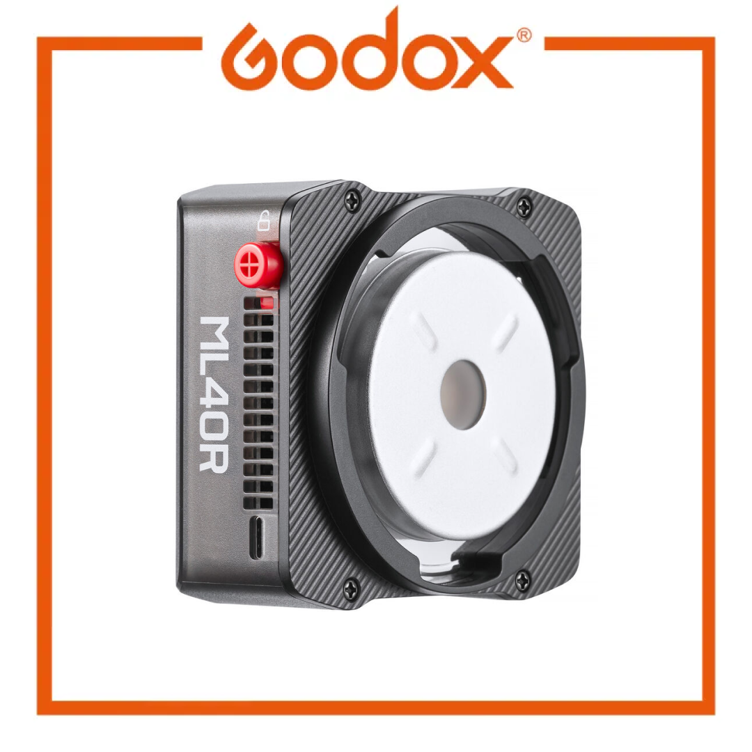 Godox ML40R flash unit on a white background with Godox logo above