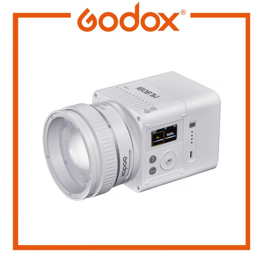 Godox camera lens with control panel on a white background