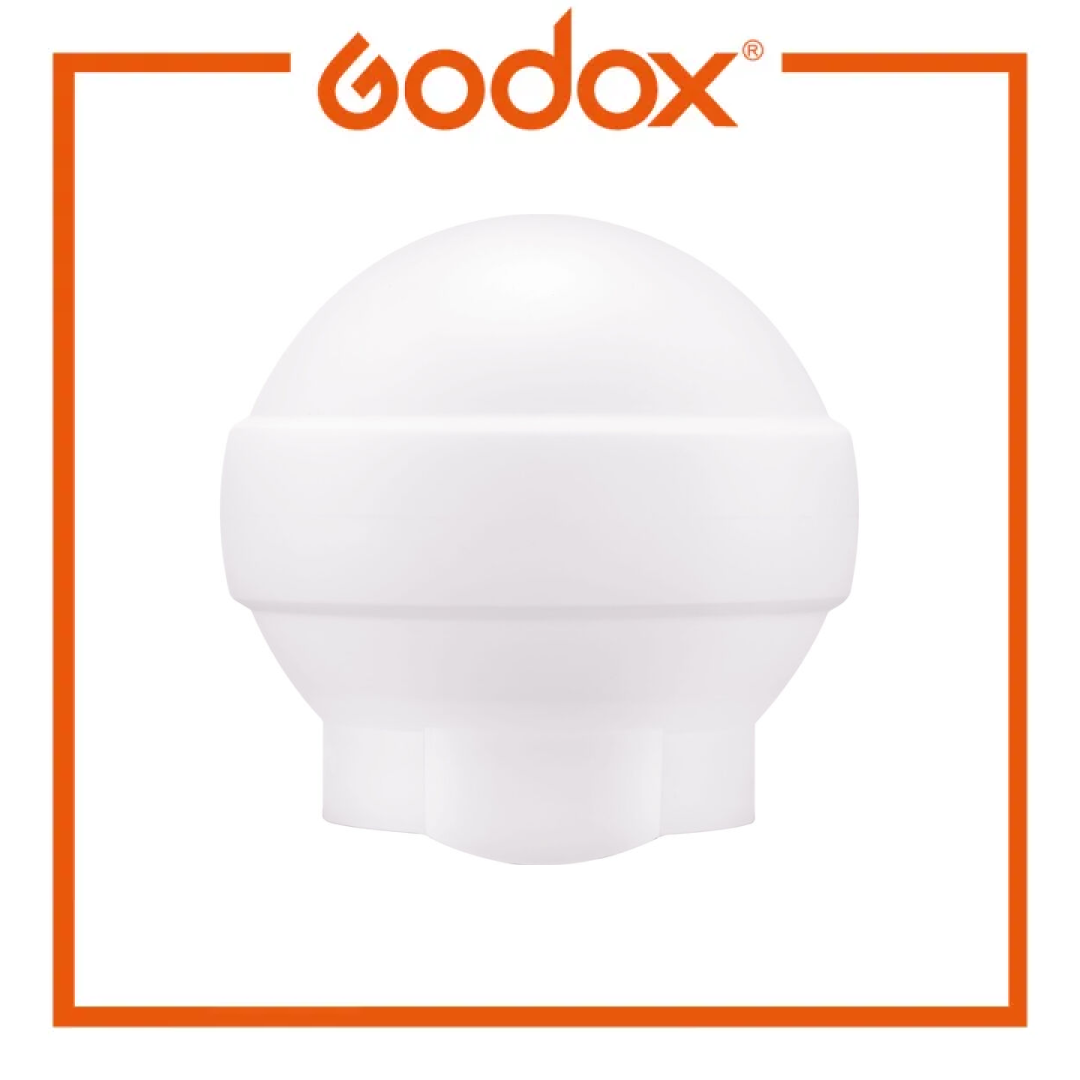 A white Godox diffuser dome with a ribbed base, shown against a white background with an orange border and the Godox logo at the top.