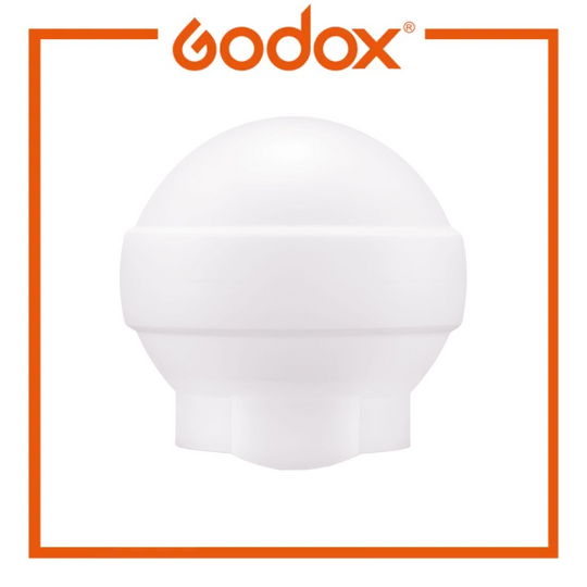 A white Godox diffuser dome with a ribbed base, shown against a white background with an orange border and the Godox logo at the top.