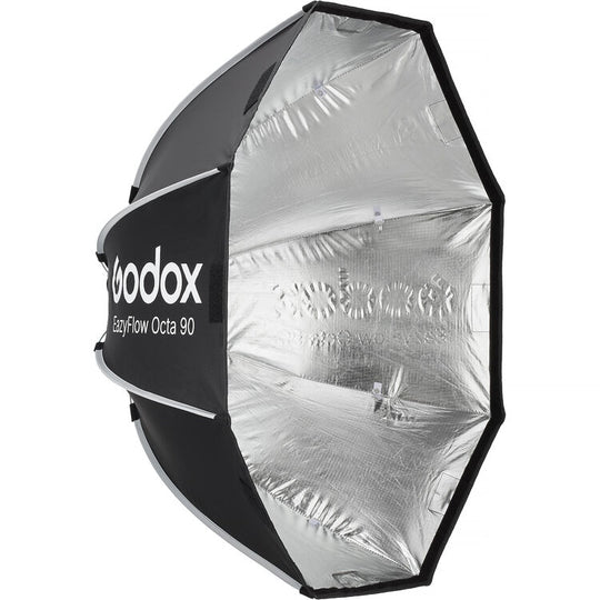 Godox EasyFlow Octa 90 softbox studio light with a black fabric outer canopy and a highly reflective silver interior reflector, shown on a plain white background.