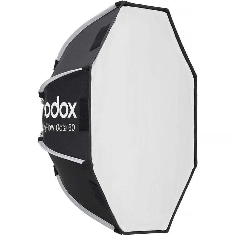 Godox EazyFlow Octa 60 softbox light modifier, shown from a side profile view. The black fabric diffuser features white branding text and is framed by a silver metal rim, set against a white background with an orange Godox logo and border.