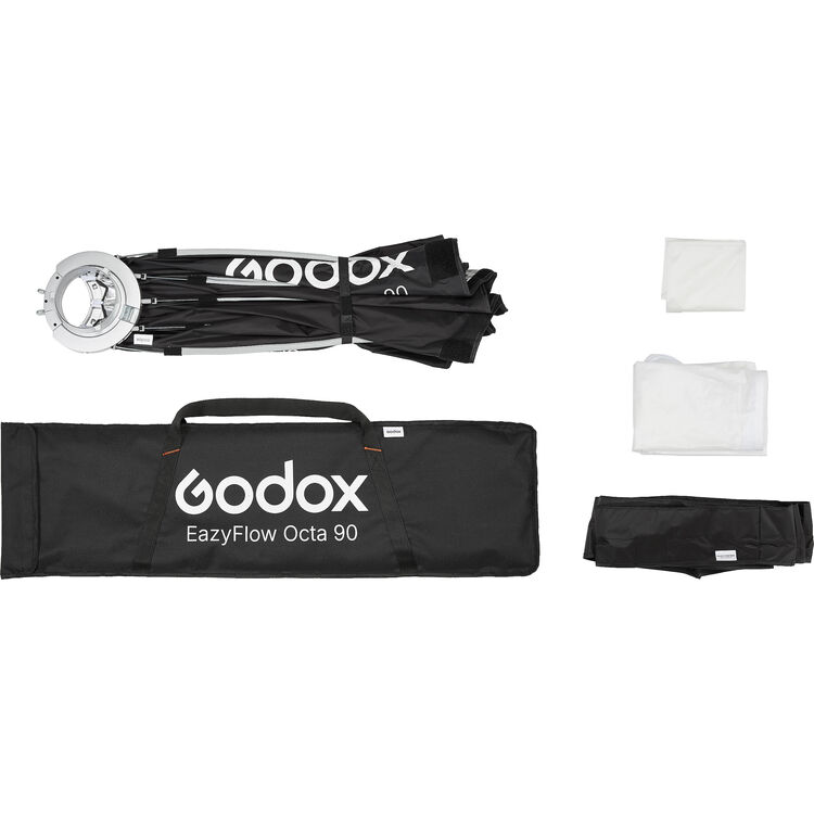 Godox EazyFlow Octa 90 lighting system with carrying case and accessories on a white background