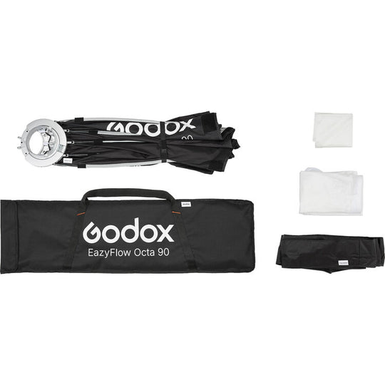 Godox EazyFlow Octa 90 lighting system with carrying case and accessories on a white background