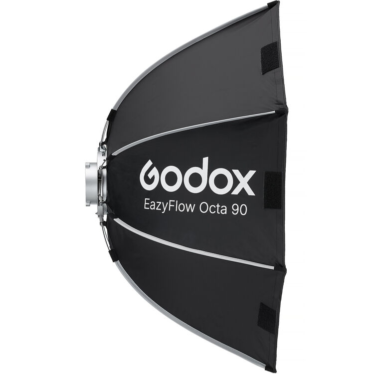 Godox EasyFlow Octa 90 octagonal softbox studio light with a white diffuser panel and black frame, shown on a white background with an orange Godox logo and border.