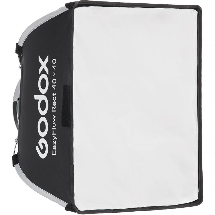 Godox EazyFlow Rect 40 x 40 softbox light modifier with a white front panel and black side panels, featuring the white Godox logo.
