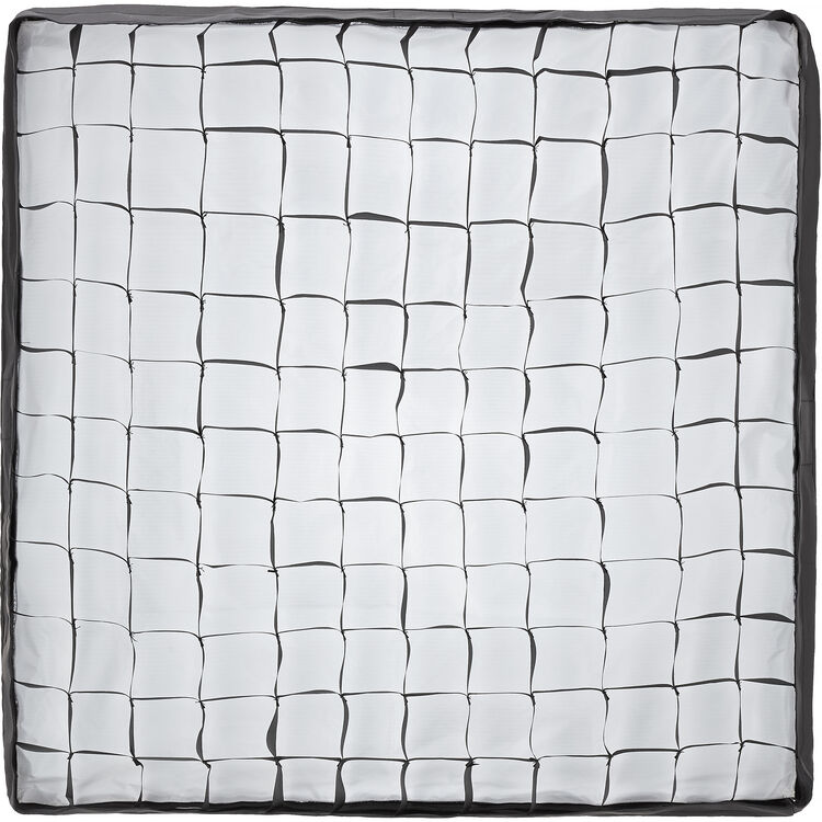 A square white cushion or pillow with a black grid pattern resembling a basketweave, finished with a dark gray stitched border.