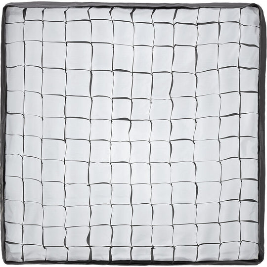 A square white cushion or pillow with a black grid pattern resembling a basketweave, finished with a dark gray stitched border.