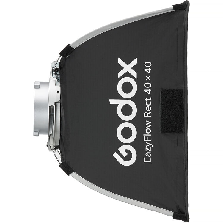 Godox EasyFlow Rect 40x40 softbox light modifier with a white front panel and black side panels, shown on a white background with an orange Godox logo and border.