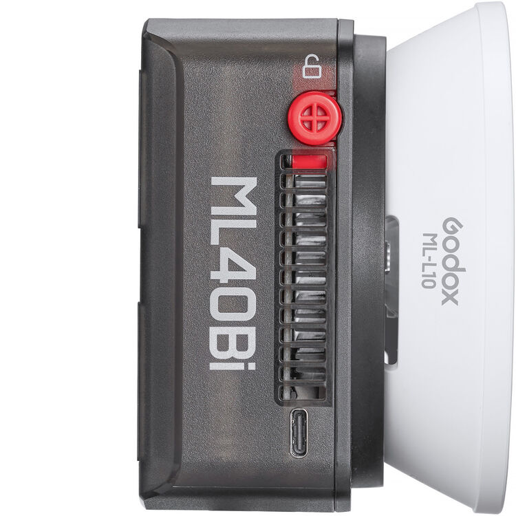 Godox ML40Bi flash unit with a white diffuser on a white background
