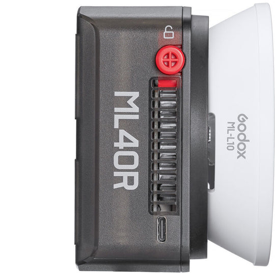 Godox ML40R flash unit with red power button on a white background