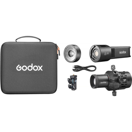 Godox RS100Bi Bi-Color photography light kit with carrying case, lights, and accessories on a white background