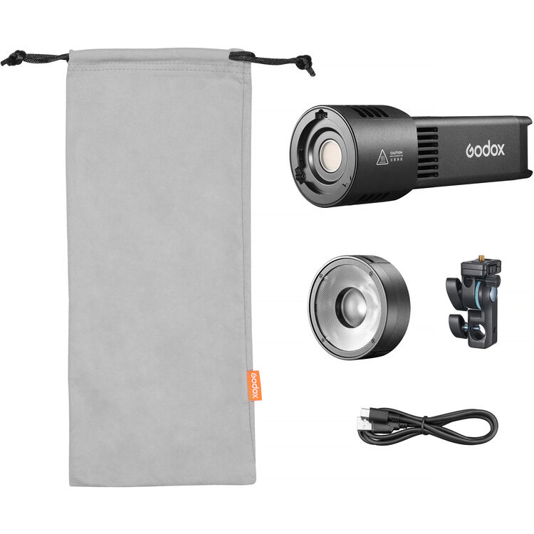 Godox RS100Bi camera flash equipment with gray pouch, flash unit, lens, and cable on a white background