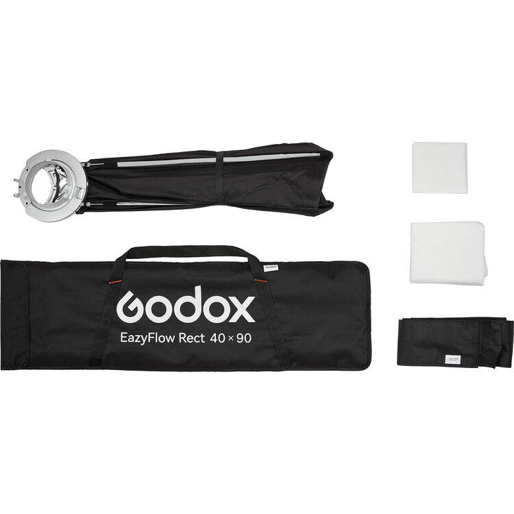 Godox photography equipment including a softbox, diffuser, and carrying case on a white background