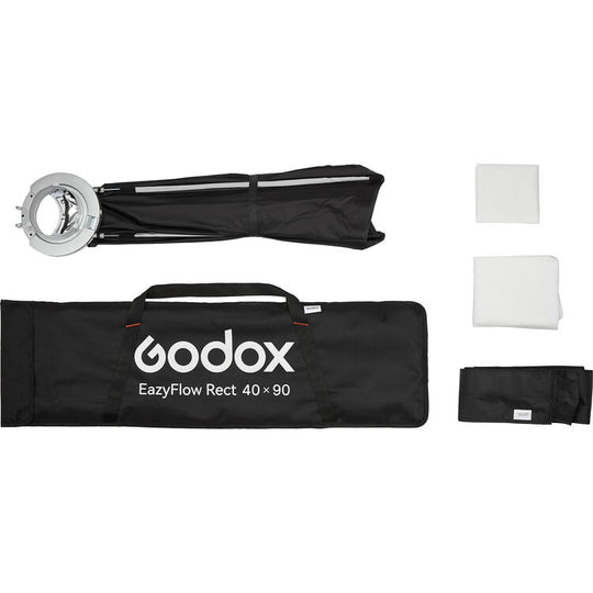 Godox photography equipment including a softbox, diffuser, and carrying case on a white background