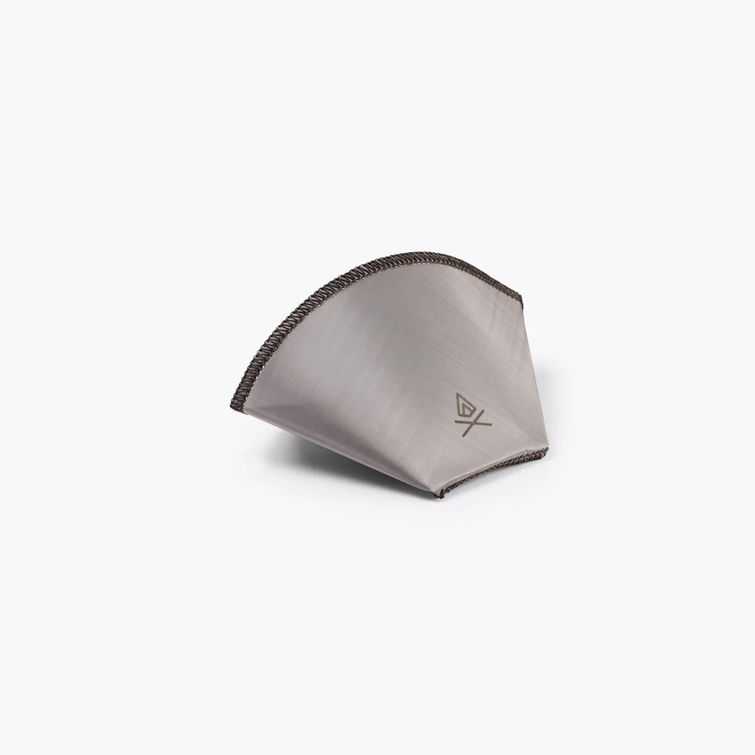Gray triangular pouch with a brand logo on a white background