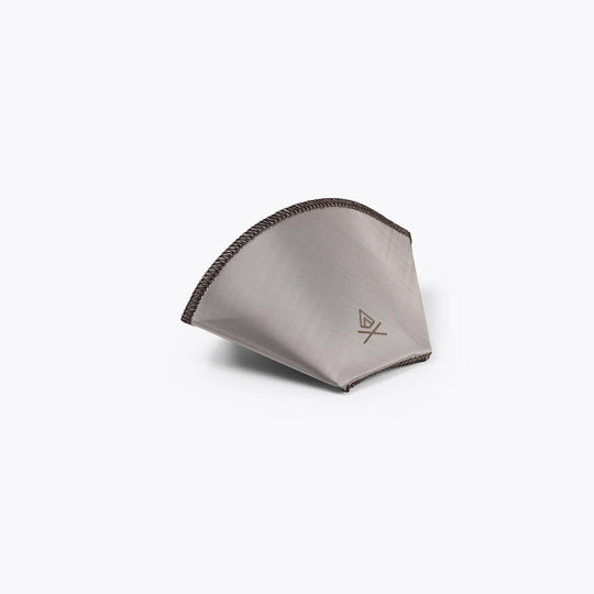 Gray triangular pouch with a brand logo on a white background