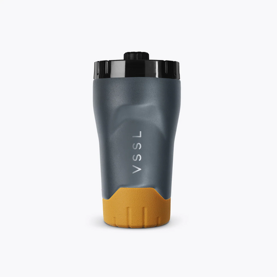 Gray and yellow tumbler with &