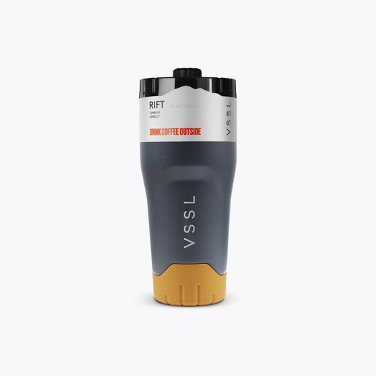 Gray and yellow tumbler with VSSL branding on a white background