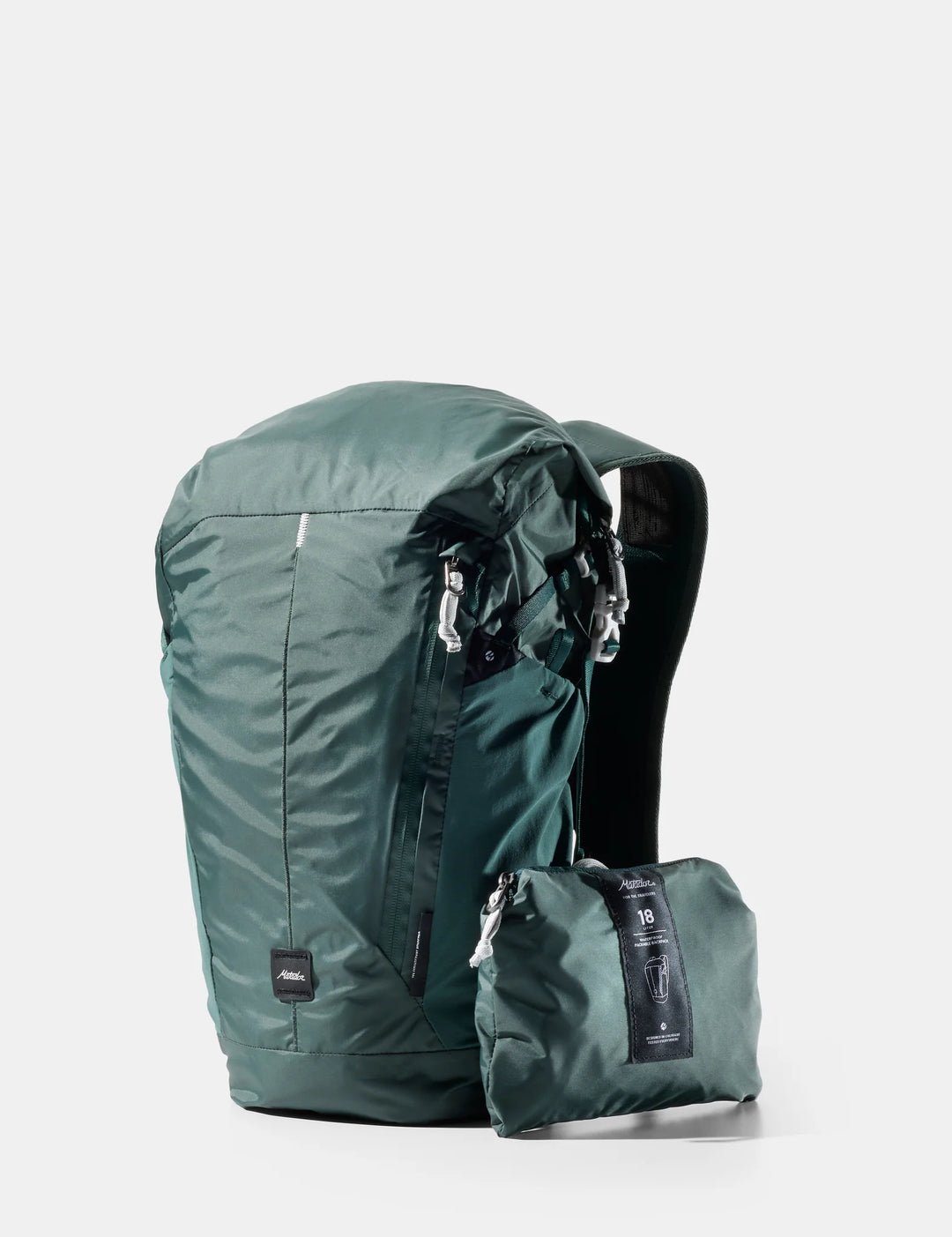 Green backpack with a smaller green pouch on a white background