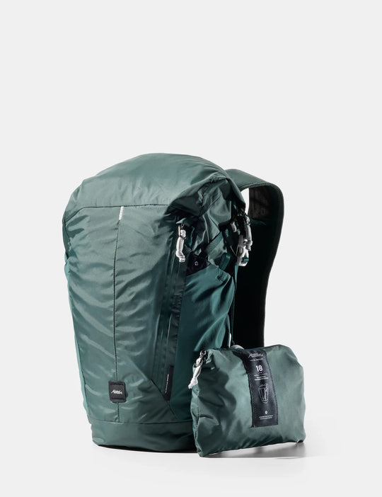 Green backpack with a smaller green pouch on a white background