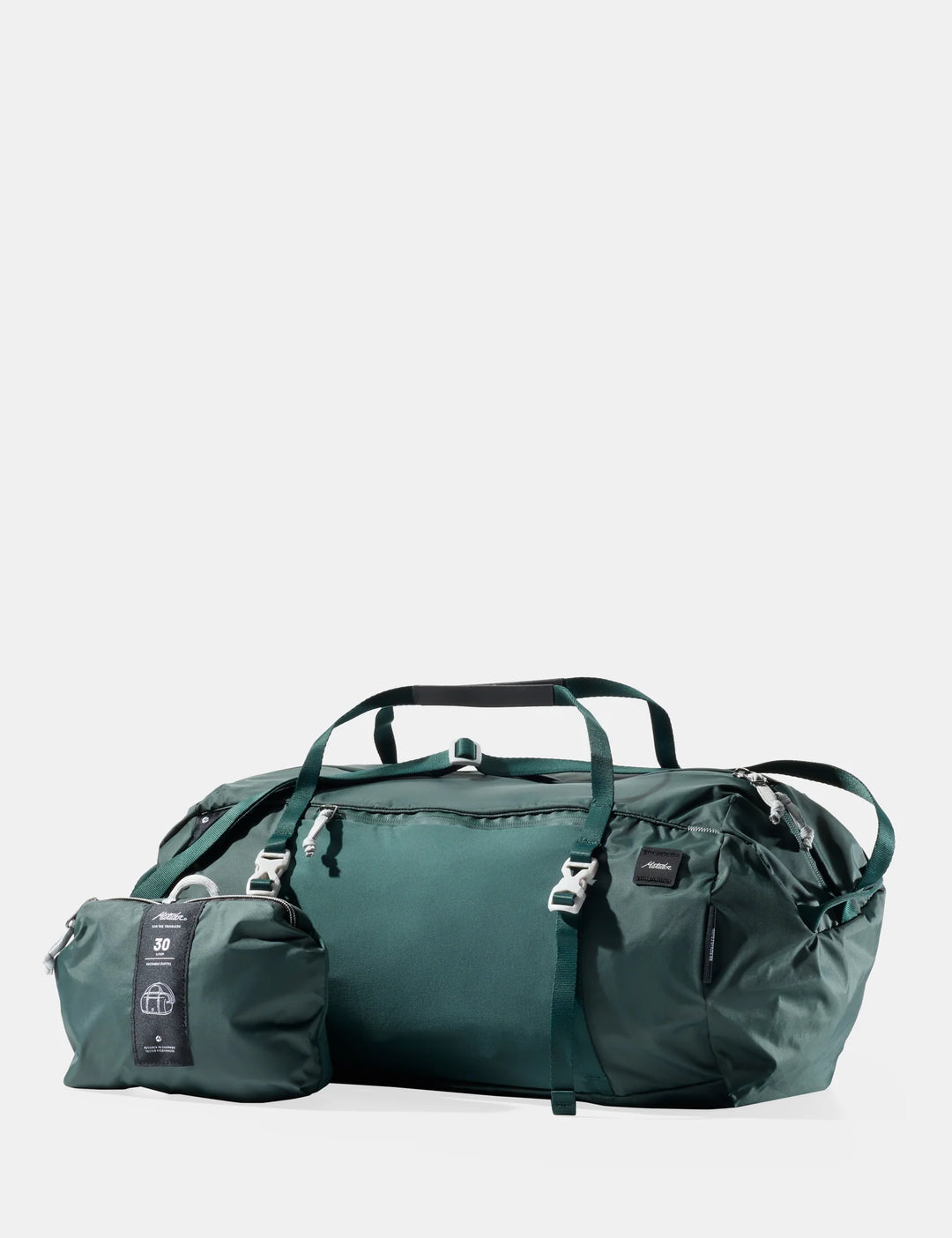 Green travel bag with smaller pouch on a light gray background