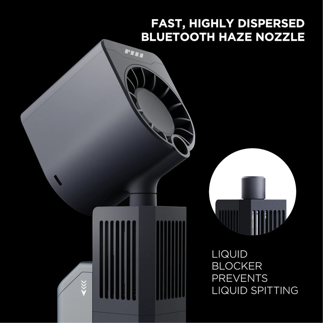 Fast, highly dispersed Bluetooth haze nozzle with liquid blocker feature on a black background