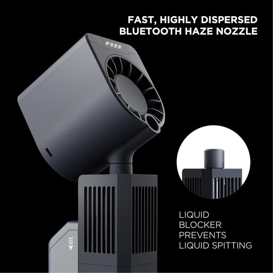 Fast, highly dispersed Bluetooth haze nozzle with liquid blocker feature on a black background